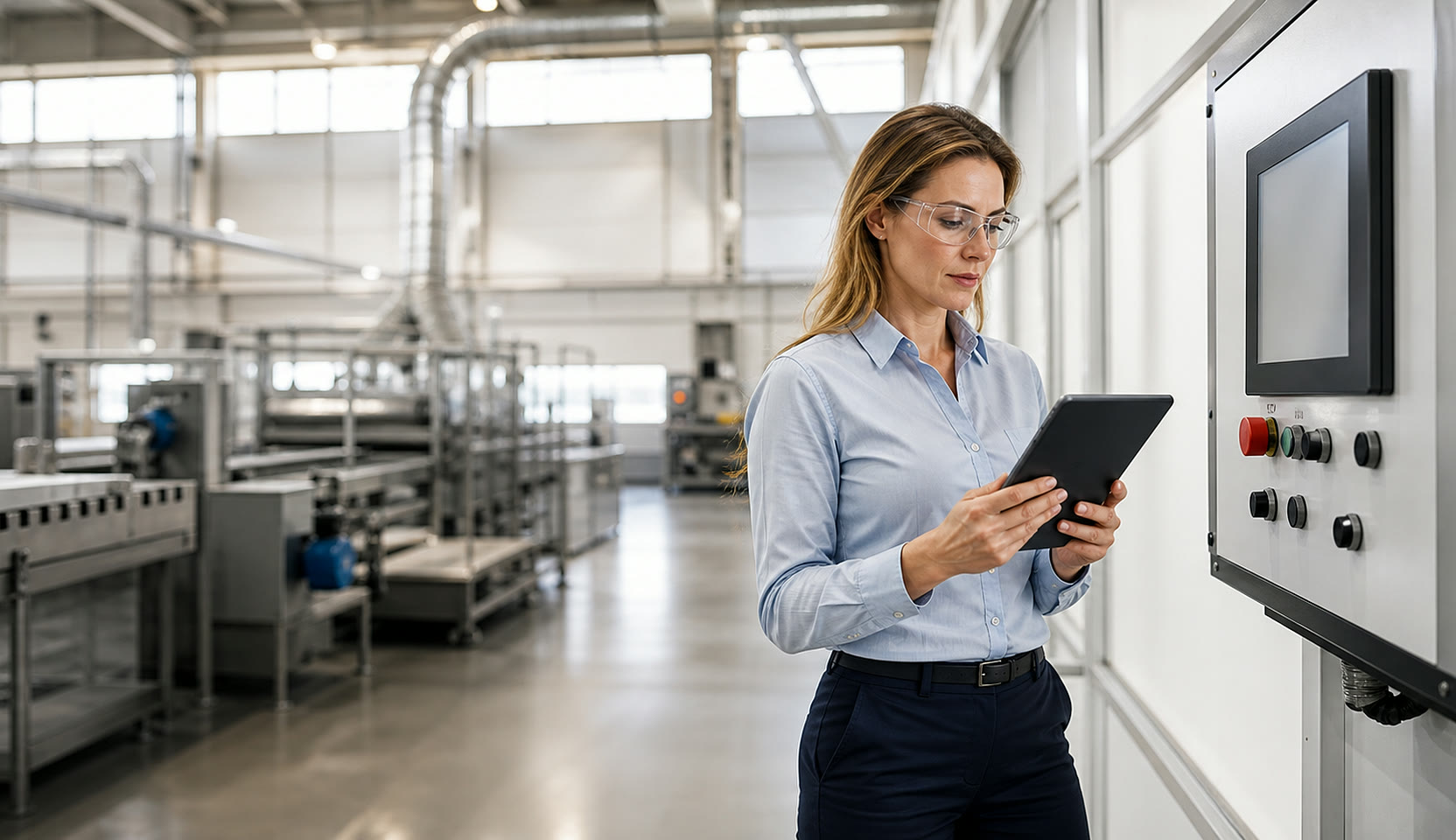 An operations manager checking systems on a manufacturing floor