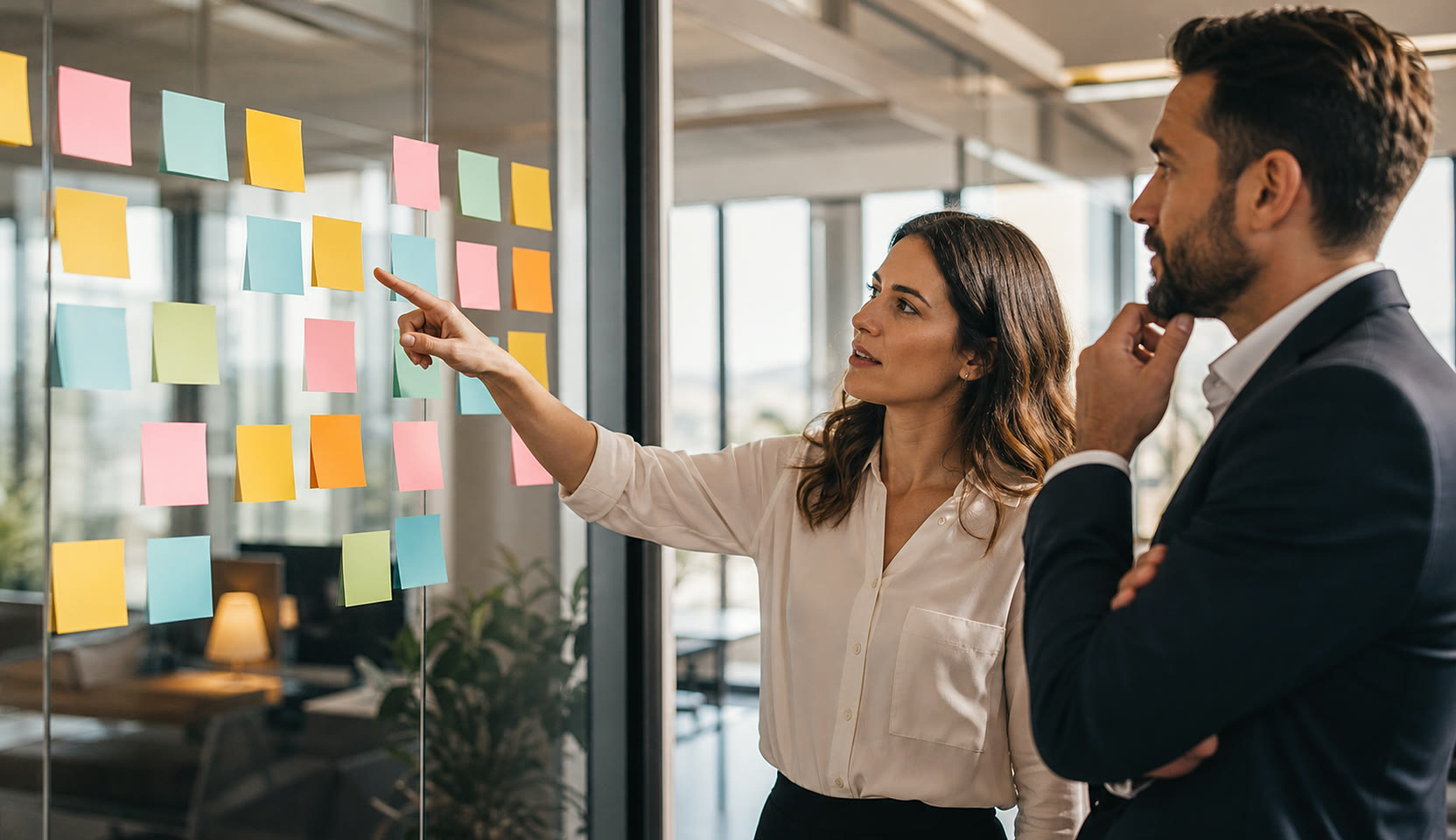 Consultant mapping a workflow on a whiteboard